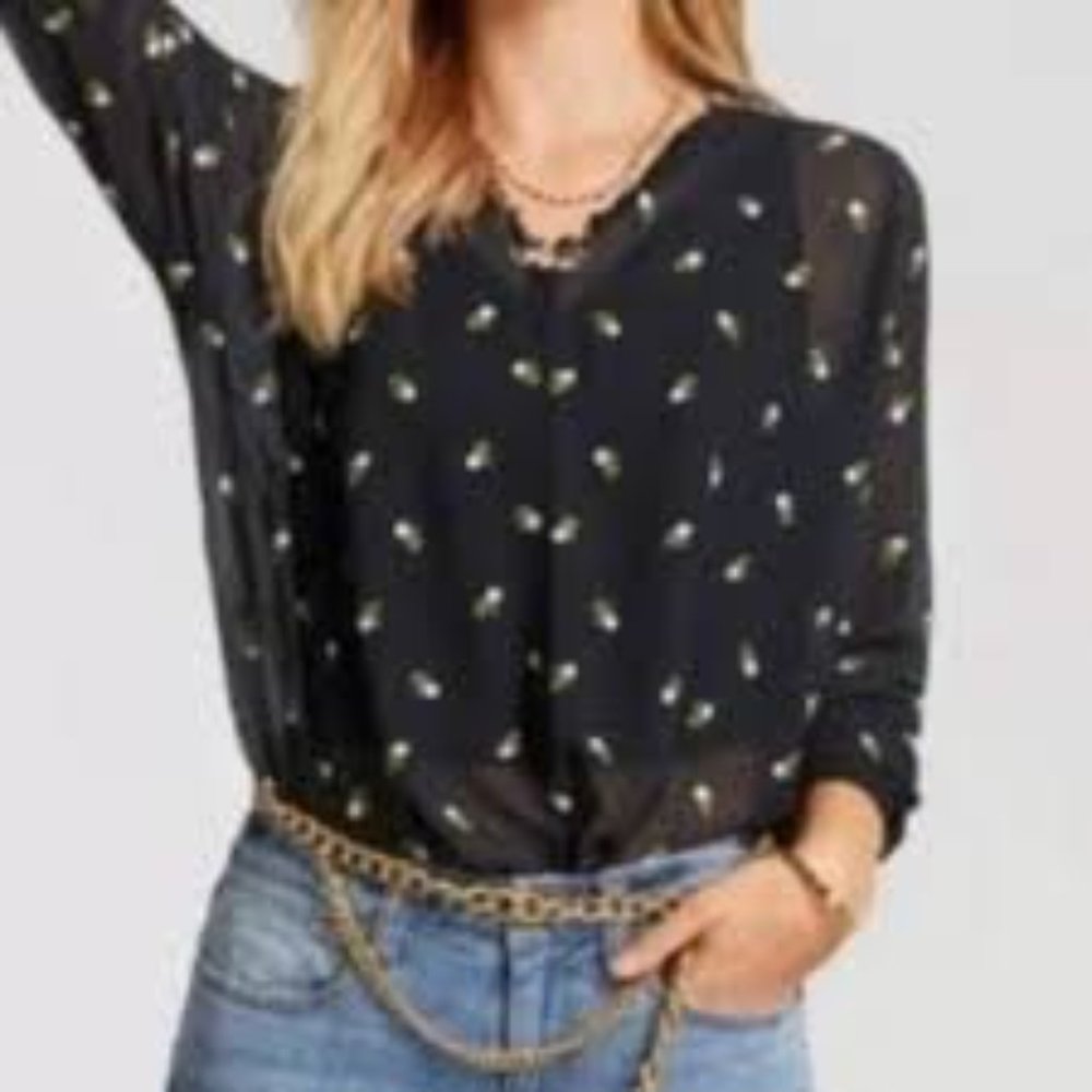 Cabi Black Floral Embroidered High Neck Sheer Long Sleeve Blouse XS